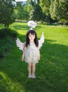 NANI女童夏季蕾丝绣花飞袖套装女宝重工生日礼服翅膀娃娃衫两件套