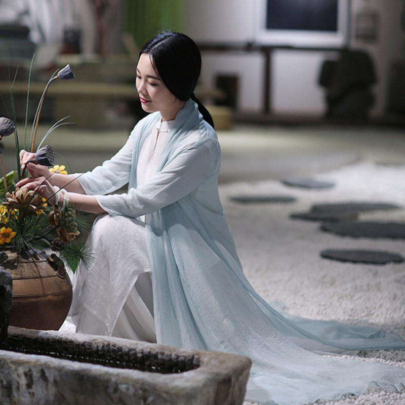 禅意礼佛飘逸长披风茶人服仙女百搭外披雪纺香道禅舞古琴服大披肩