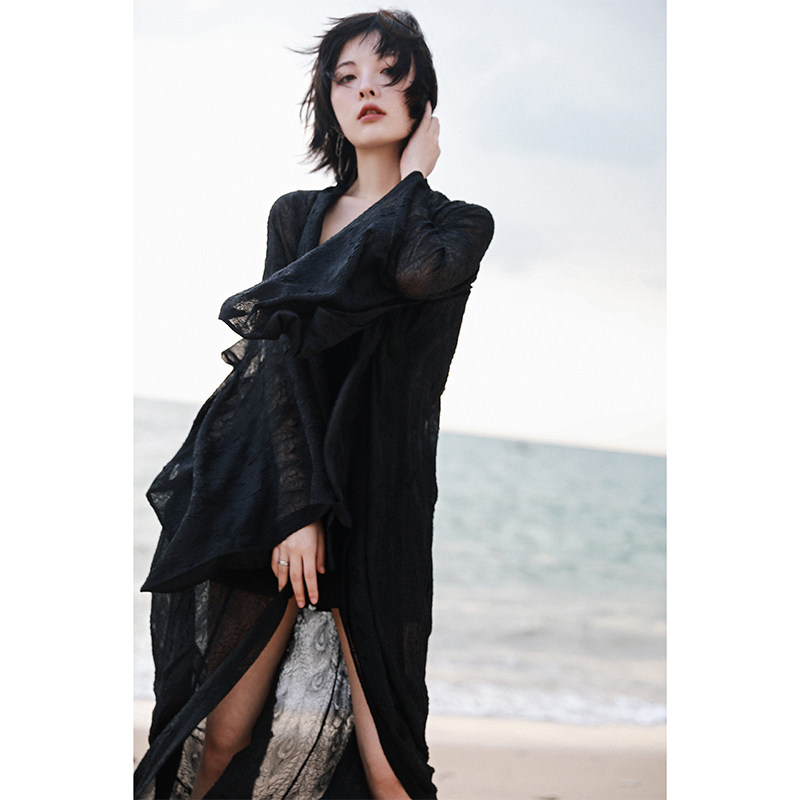 古风方袖透视雪纺开衫外套女复古长款黑色防晒外衣夏季上衣超仙