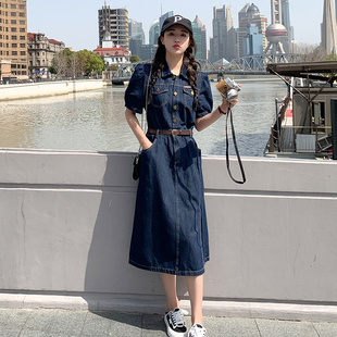 法式牛仔衬衫连衣裙女夏季中长款高级感港风复古小个子开叉长裙子