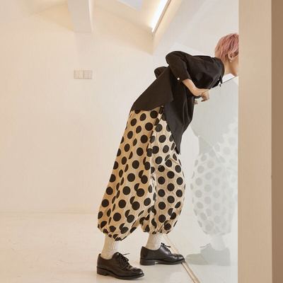 豆屋制衣 经典重现 白带肌理波点灯笼裤