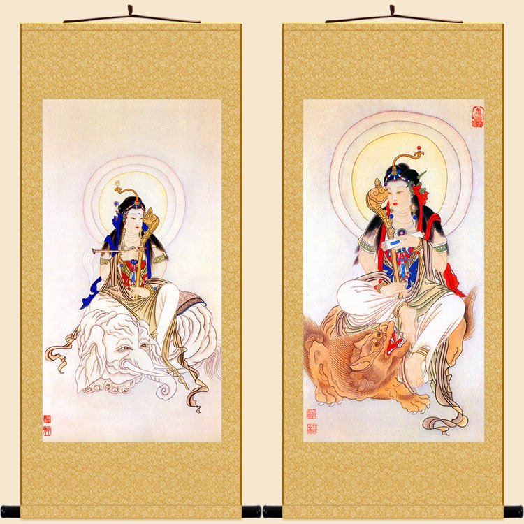 文殊普贤菩萨画像 寺庙佛堂家用供奉卷轴挂画客厅装饰画定制订做
