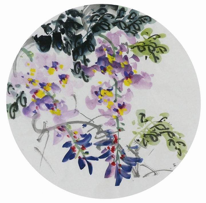 手绘字画装饰画新品i061088无款国画花鸟团扇圆形小品紫藤直径33