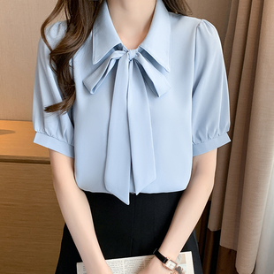 蓝色短袖雪纺衬衫女夏季新款小个子垂感韩系飘带职业薄款气质衬衣