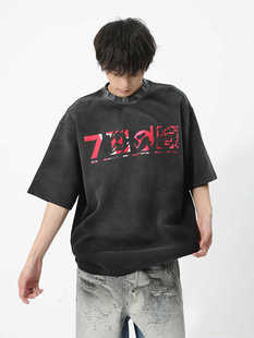 HBZ美式复古重磅水洗创意印花做旧街头嘻哈潮牌打底衫男女半截袖