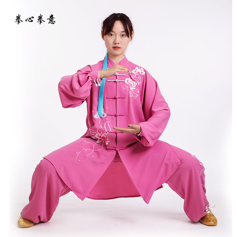 拳心拳意新款太极服丝麻绣花中长女款微修身舞台表演服装团体定制