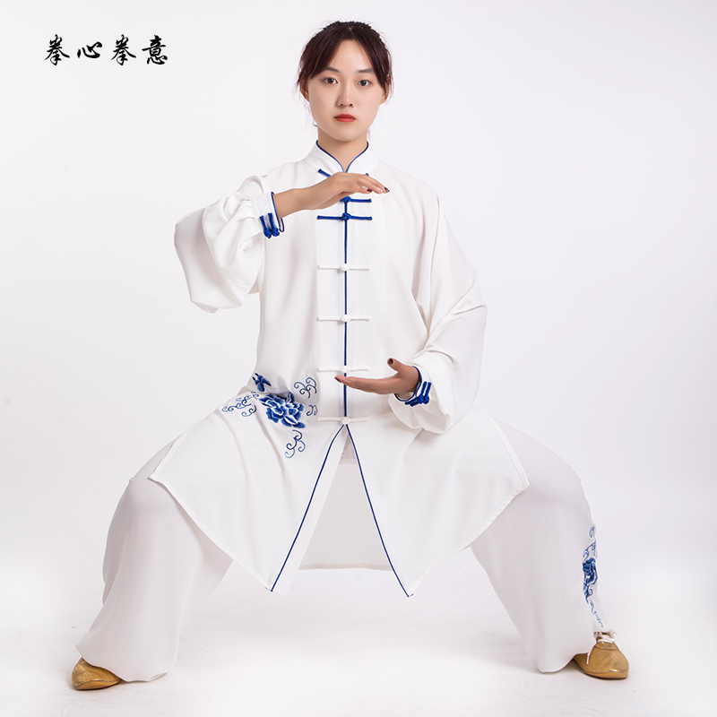 拳心拳意新款太极拳服厚丝麻刺绣牡丹中长女微修身表演服团体定制