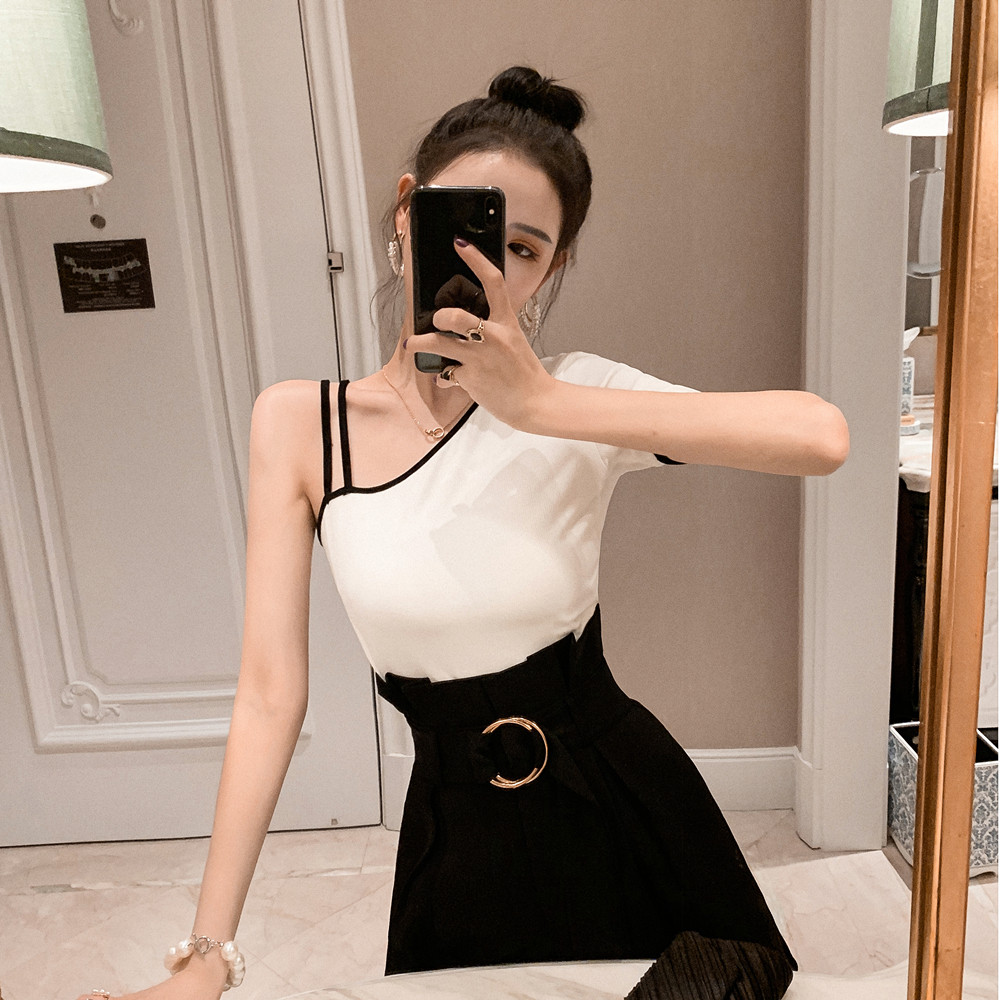 反季清仓 2件5折专区】性感短袖t恤小心机斜领露单肩修身上衣女优惠券