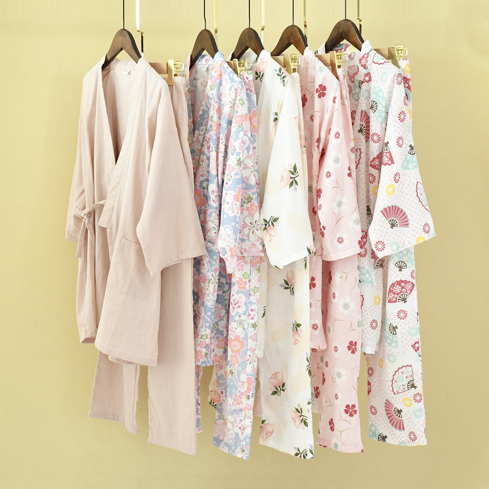 樱花季 女士纯棉纱布和服睡衣套装 V领日式七分袖长裤家居两件套
