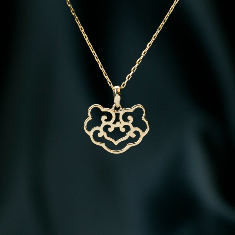 恒蕴叶子纯14k金镂空祥云锁骨链吊坠潮女国风如意吉祥金锁项链坠