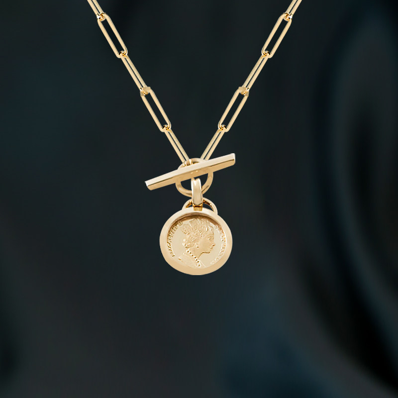 恒蕴叶子14k金女皇金币项链ot粗方形轻奢锁骨链ol英伦风百搭项链