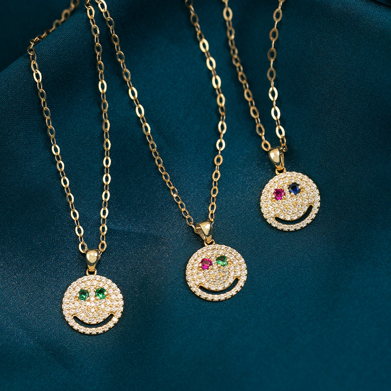 恒蕴叶子纯14k黄金彩钻镶嵌满钻emoji笑脸吊坠潮女时尚彩宝项链坠