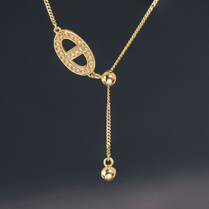 恒蕴叶子14k黄金锆石满钻日字抽拉y型锁骨链潮女日韩气质通勤项链