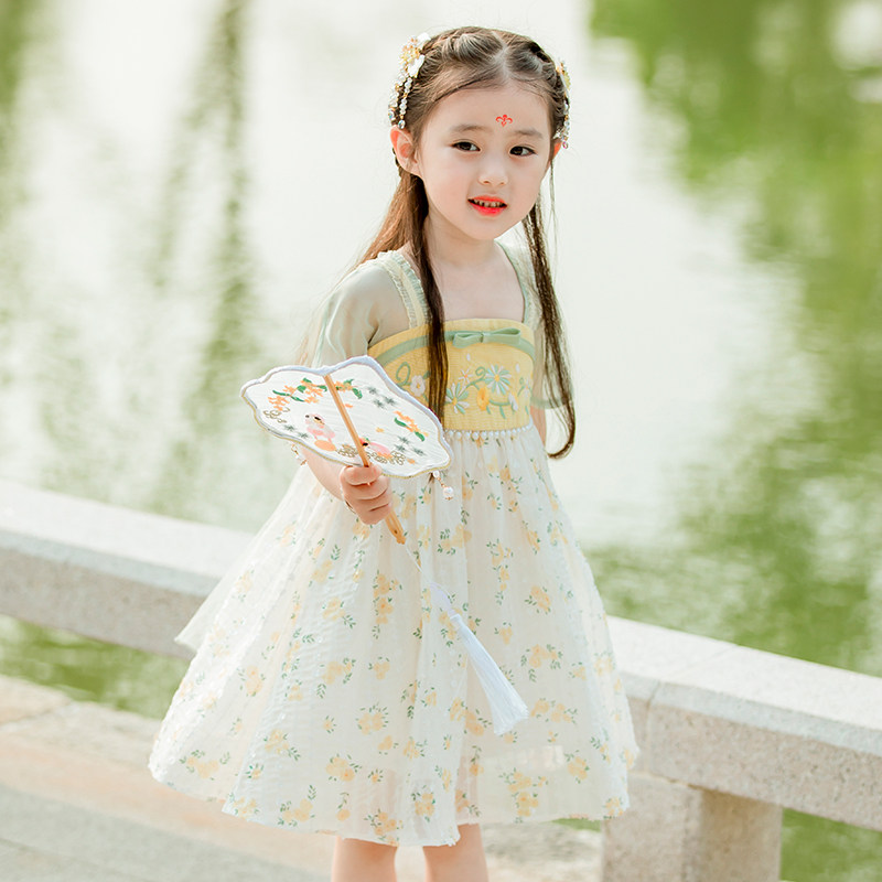 汉服女童夏装女宝宝古风碎花襦裙小女孩超仙齐胸连衣裙中国风裙子