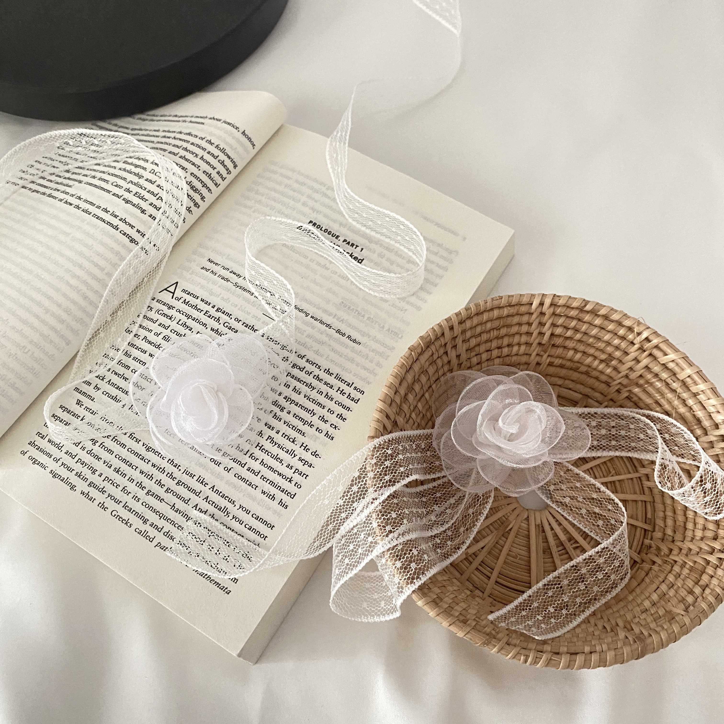 ins韩风白色蕾丝立体山茶花朵飘带发带气质颈链手链复古绑发头饰