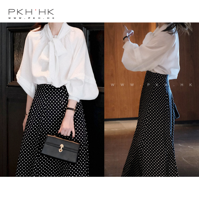 PKH.HK特春夏新品私服重磅时髦温柔可拆造型系带黑白珠光轻熟衬衣