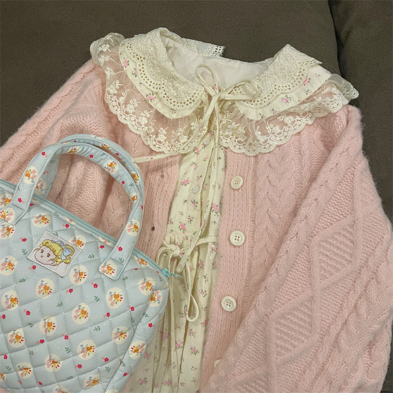 pinkstarshop早春新款糯叽叽小团子柔柔粉毛衣麻花温柔针织开衫女