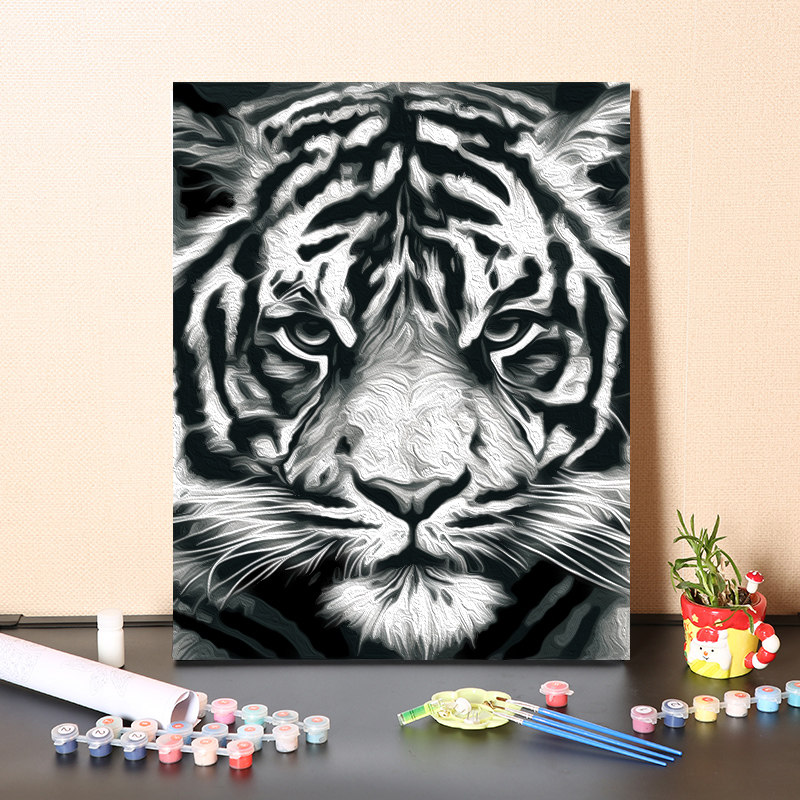 diy数字油彩画 黑白老虎油画填色小尺寸治愈手工画画  涂色画填充