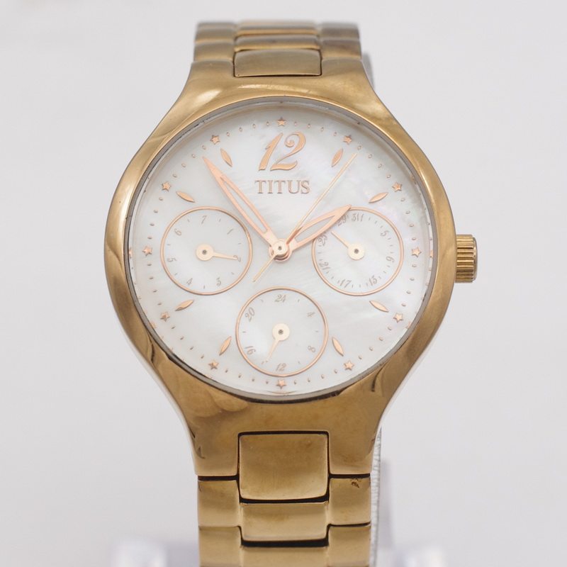 一折二手手表女_二手瑞士原装正品titus铁达时玫瑰金母贝表盘6针女