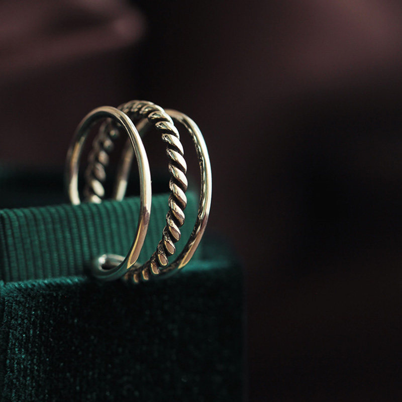 通体925银戒指 复古泰银螺纹三层开口可调节款指环麻花欧美食指戒