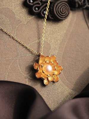 复古国风 静雅莲花 通体925纯银镀黄金项链天然珍珠吊坠女友礼物