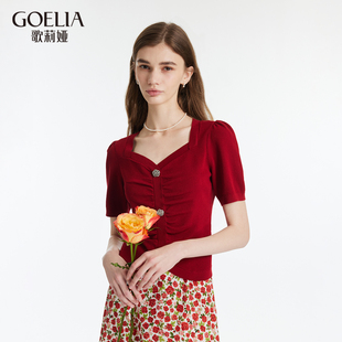 现货速发|歌莉娅红色气质上衣女装夏季新款桑蚕丝方领毛织短袖t恤