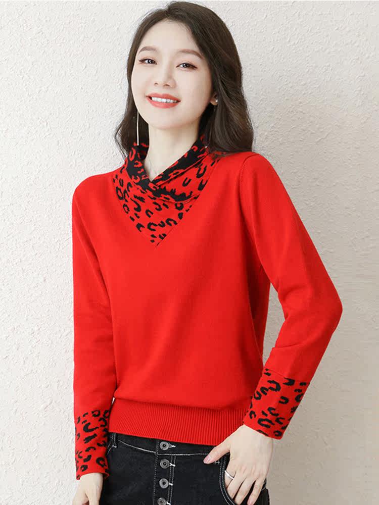 中国大红色毛衣女冬装时尚妈妈2022本命年属虎衣服洋气羊绒打底衫