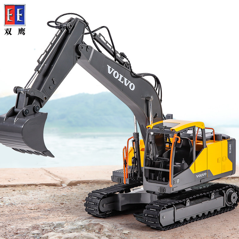 双鹰工程车遥控挖掘机儿童挖土机电动挖挖机钩机合金破碎钻土玩具
