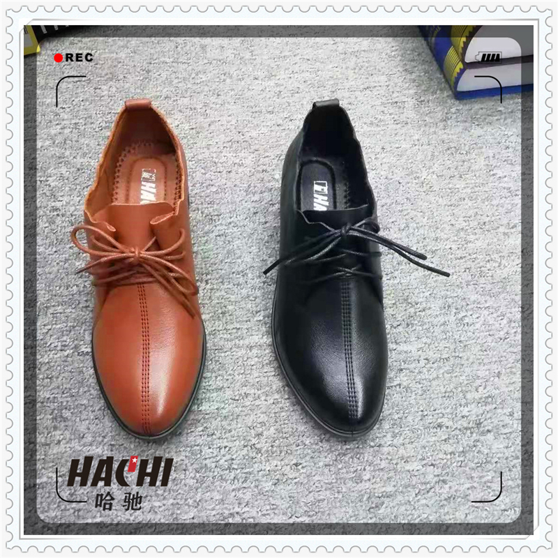 哈驰女鞋2020秋季真皮粗跟单鞋高跟小皮鞋英伦风中跟系带工作皮鞋