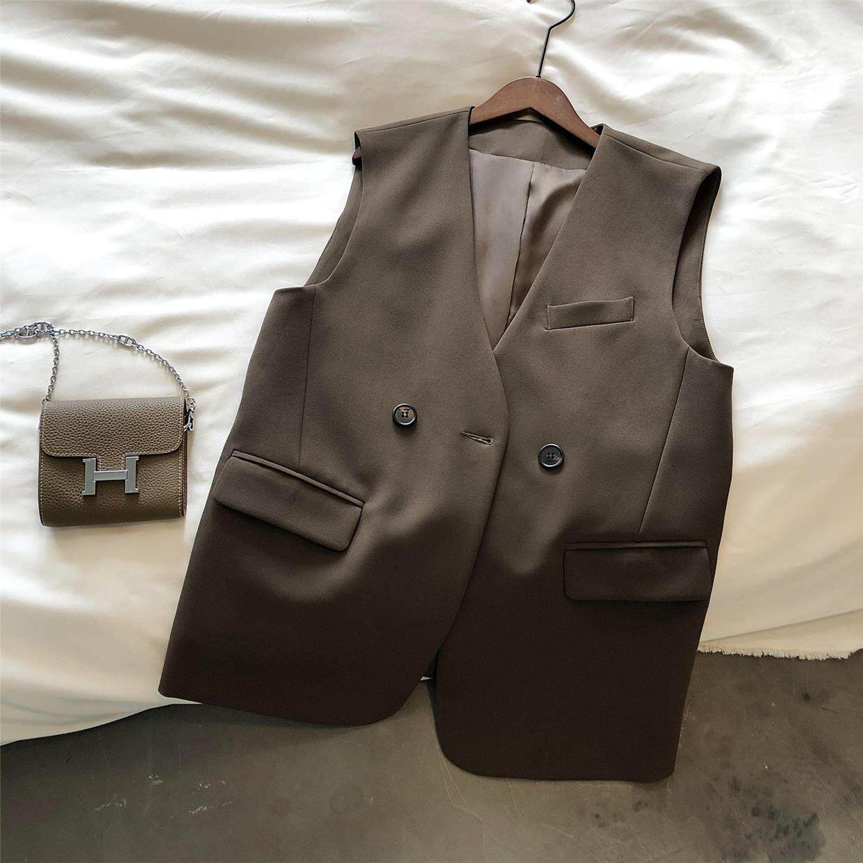 西装马甲春秋式夏中长女款英伦风外搭外法无袖背心坎肩薄款马ekr