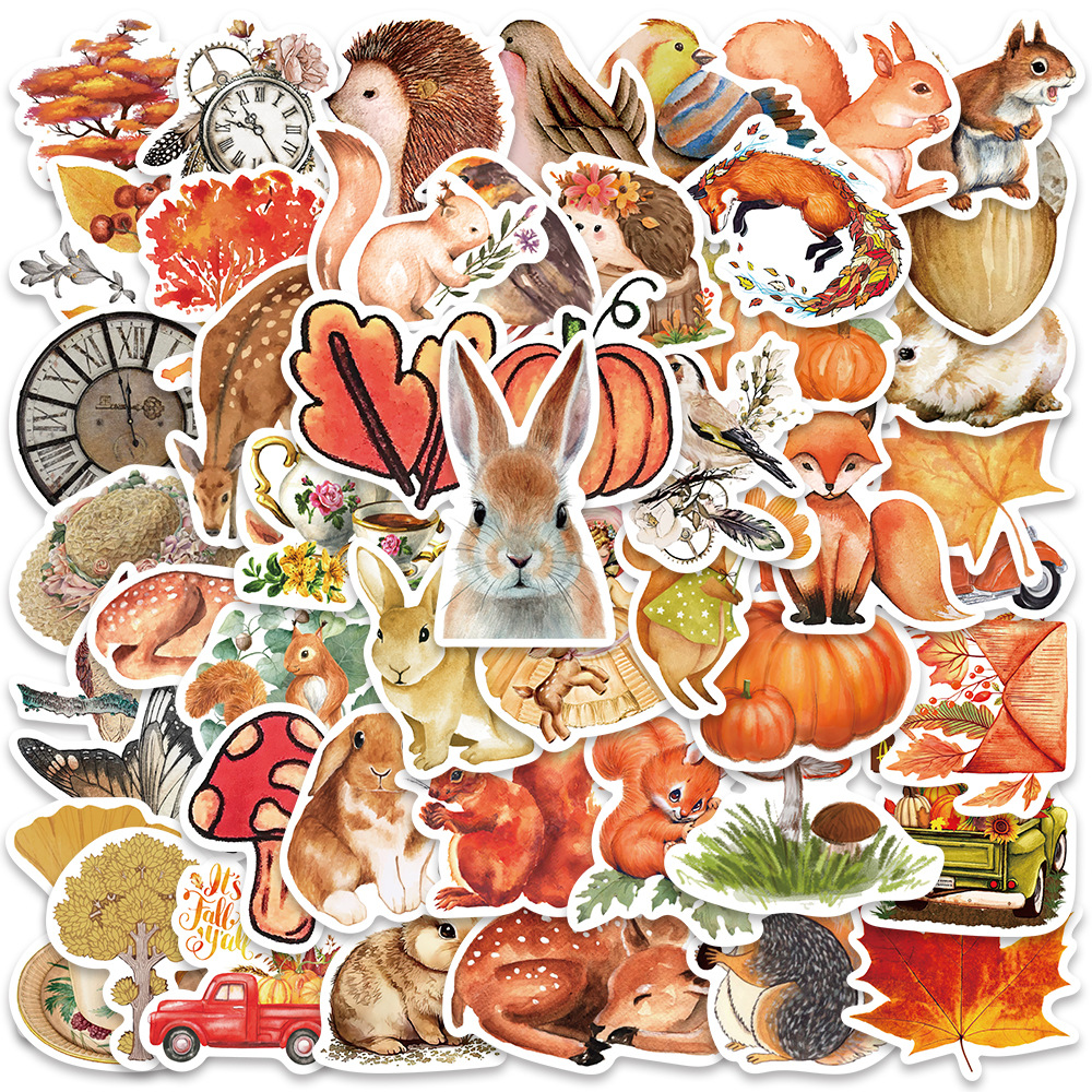 50张秋日森林梅花鹿刺猬松鼠兔子南瓜狐狸蘑菇枫叶卡通创意贴画