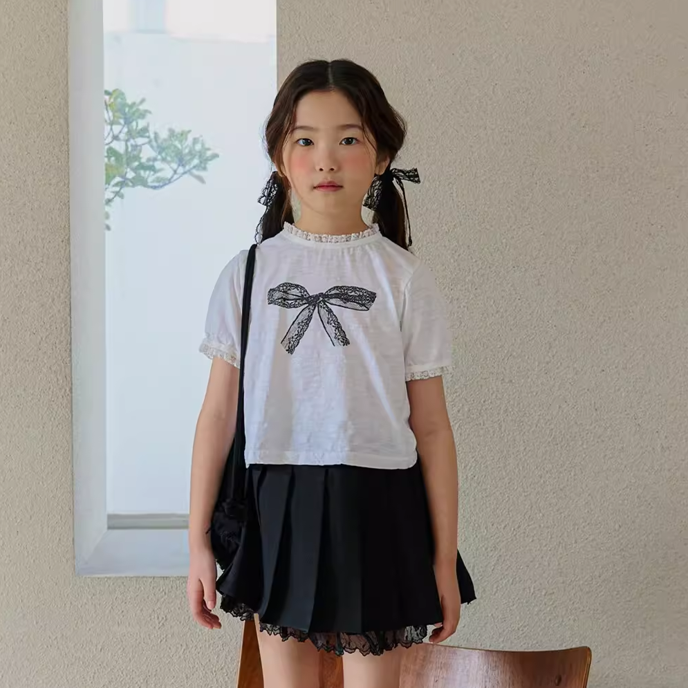 韩版童装24夏新女童蕾丝花边领蝴蝶结短袖T恤上衣