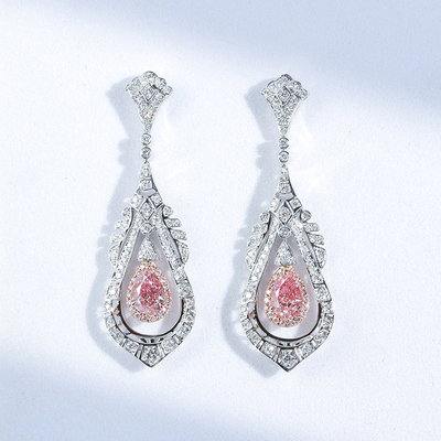 万伦珠宝18k白金粉钻耳坠gia天然彩钻水滴形1克拉粉钻耳钉真钻
