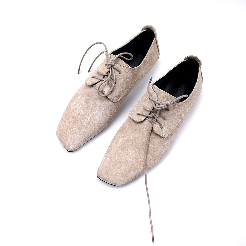 欧洲站2019春季新品中性经典斜方头牛磨砂里外皮系带平底女鞋潮鞋