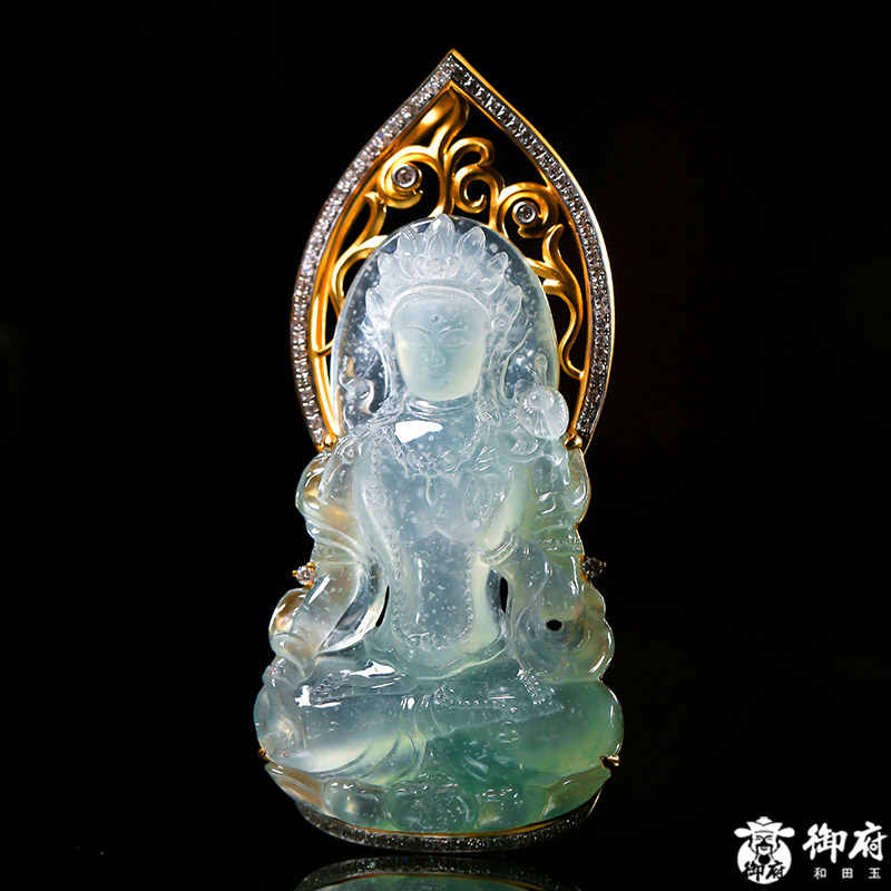 御府缅甸翡翠18k金钻镶冰种满绿天然玉石扳指戒指内径19mm