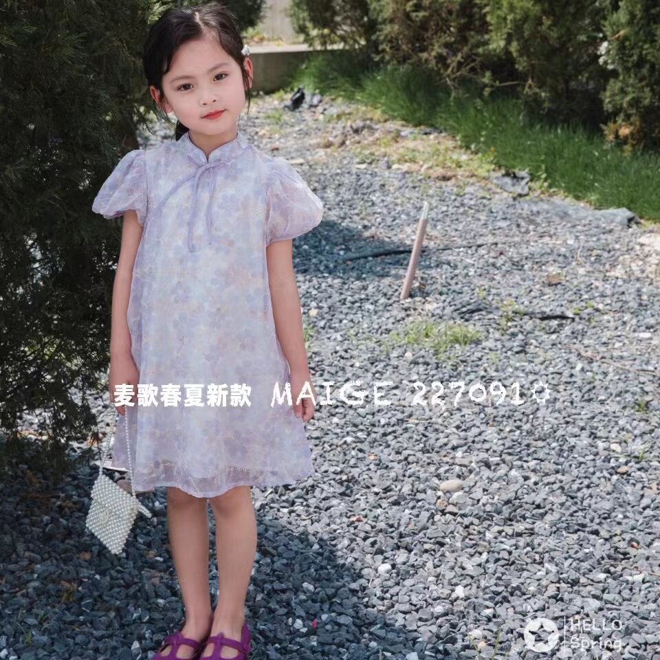 麦歌品童装夏季新款国风女童洋气中大童复古花朵公主裙连衣裙