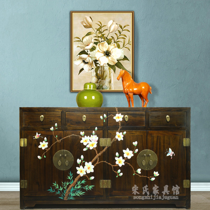 现代中式香樟木彩绘玄关柜鞋柜实木仿古家具客厅定制装饰柜餐边柜