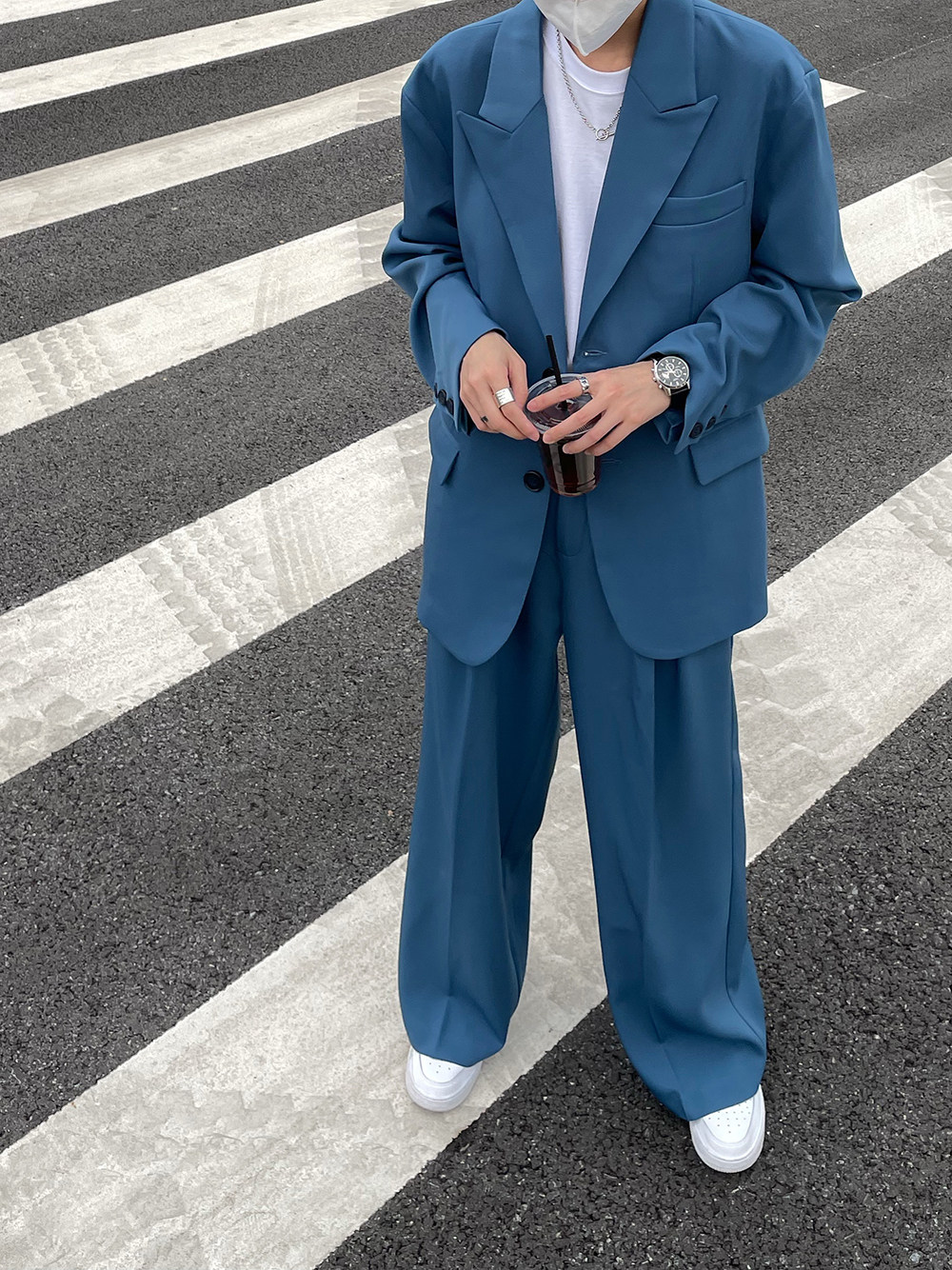 蓝色西装外套男春秋韩版痞帅高级感oversize廓形时髦炸街西服套装