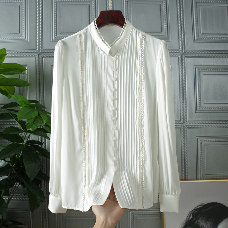 白色重磅真丝衬衫女2022春季新款时尚立领长袖压褶纯色桑蚕丝上衣