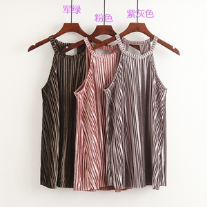 吊带金丝绒百褶女吊袋背心打底衫 性感漏肩无袖褶皱百搭上衣i/4底