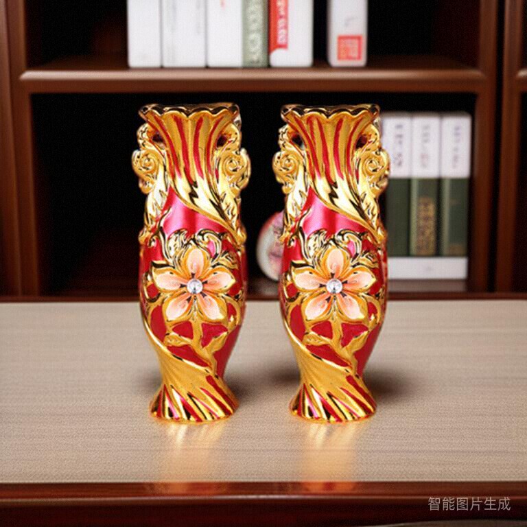 结婚红色一对陶瓷花瓶摆件 客厅 插花婚庆用品家居电视柜装饰工艺