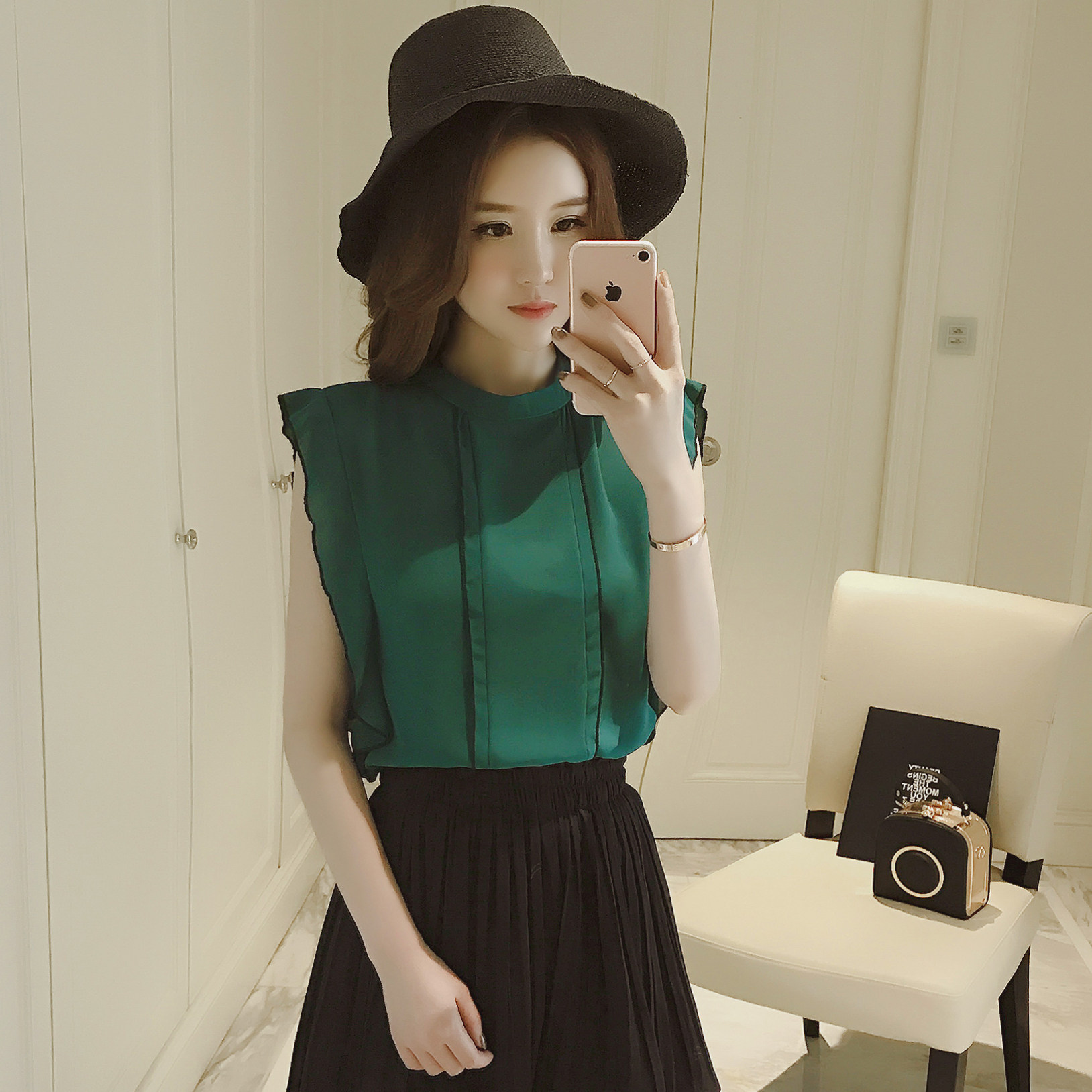 雪纺衫女夏无袖白色雪纺上衣2017新款韩版百搭荷叶边衬衫立领显瘦