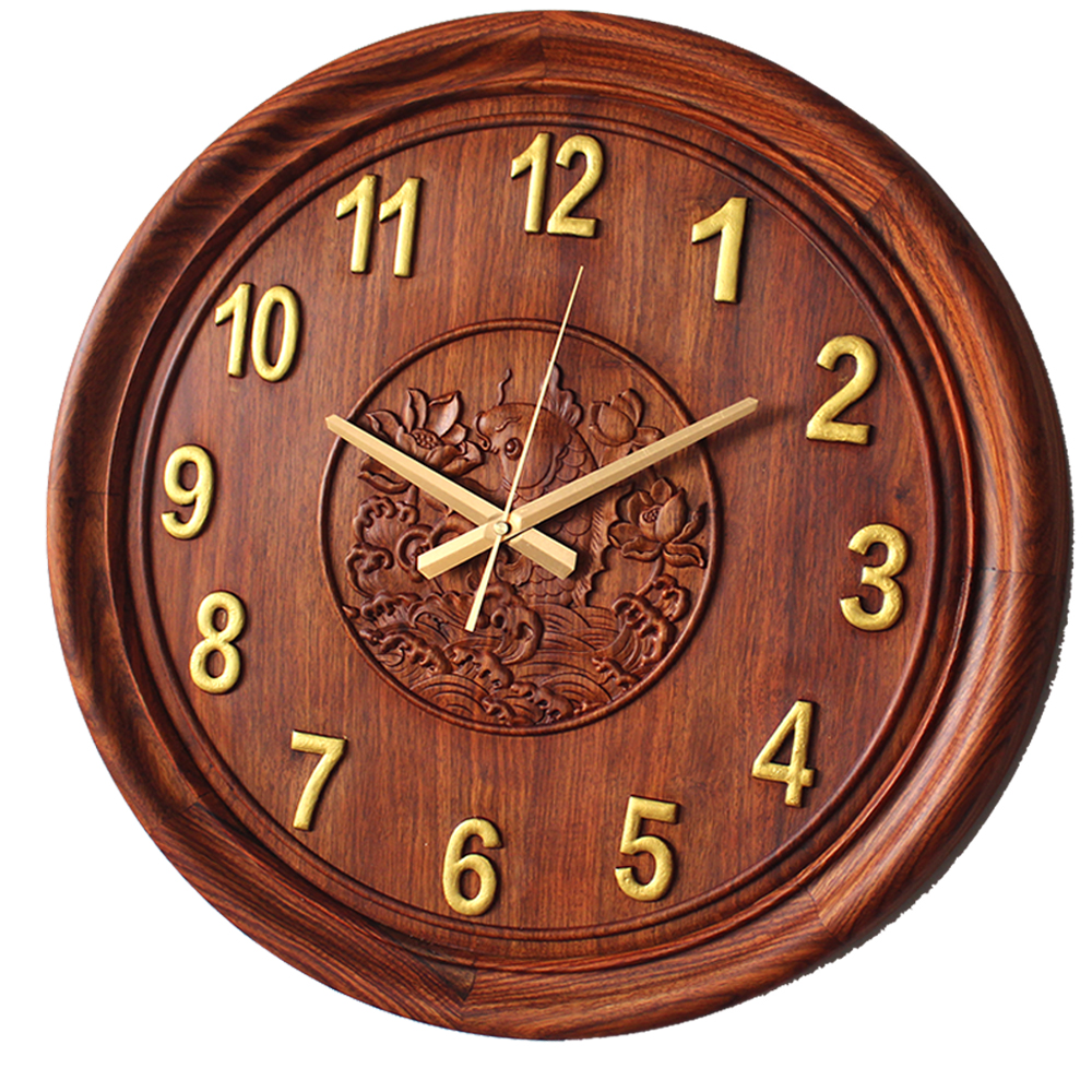 红木实木挂钟客厅大号圆刺猬紫檀新中式钟表缅甸花梨木雕刻中国风