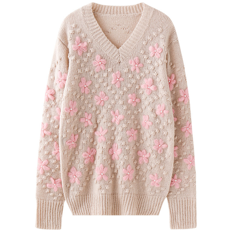 mmc 甜美风毛衣设计感女小众粉色花朵刺绣针织衫v领套头上衣洋气