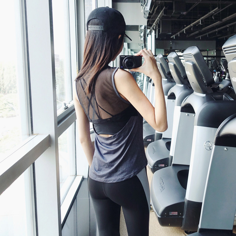 slimmo春季运动短袖女t恤 网纱露背跑步速干衣显瘦透气瑜伽健身服