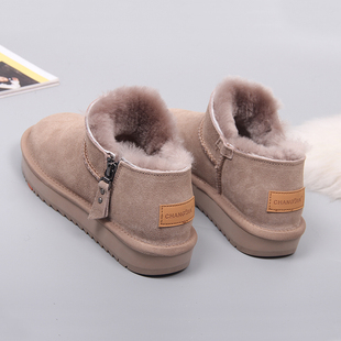 新款时尚短筒雪地靴女加绒短靴子冬季防滑一脚蹬拉链低帮保暖棉鞋