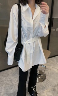 高级感独别致上衣设计感小众系带束腰法式白色长袖衬衫女洋气