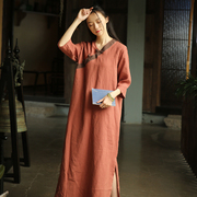 Literary retro v-neck plate button solid color dress Zen tea suit Chinese loose waist linen dress summer new