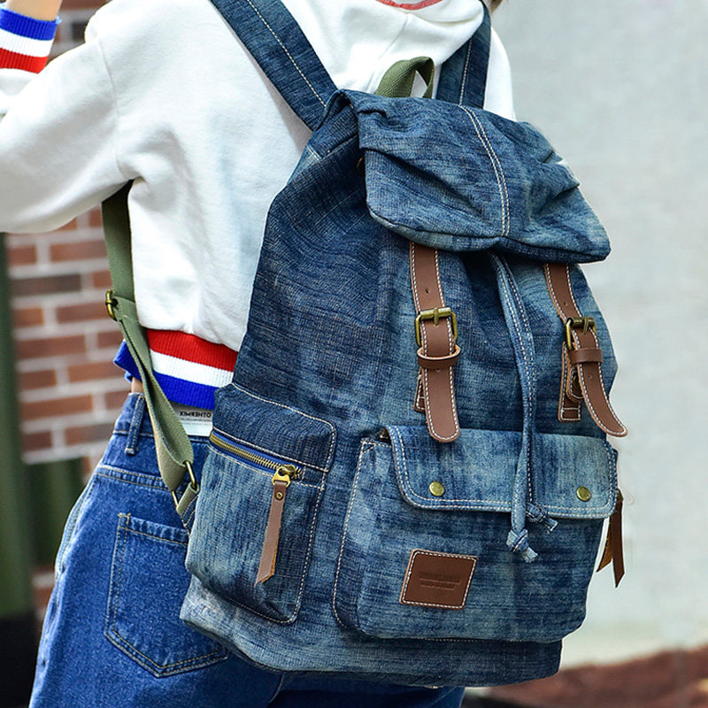 韩版酷中学生书包男初中高中复古双肩包女休闲牛仔布旅行包大背包