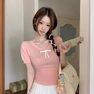 韩系甜美粉色镂空针织短袖T恤女夏季蝴蝶结打底衫小个子短款上衣